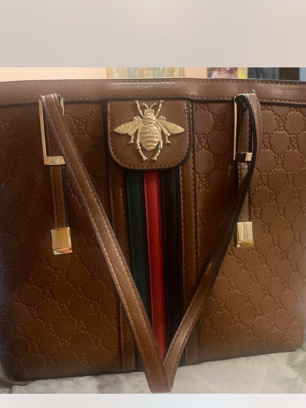 Brown Leather Tote with Gold Bee Emblem and Tricolor Stripe
